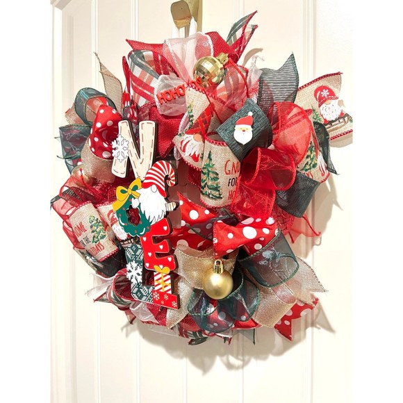 Handmade 13 inch Christmas NOEL Gnome Ribbon Wreath MW3 - Picture 2 of 9